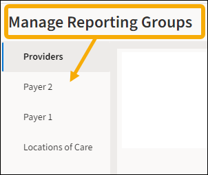 Manage Reporting Groups section with a yellow highlight box around the title and showing the LOC Group, payer 1, payer 2, and Provider groups.